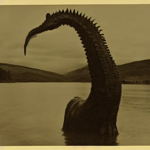 Image similar to Victorian photograph of the Loch Ness monster, very grainy, edwardian, slightly blurry, 1900s, 1890s