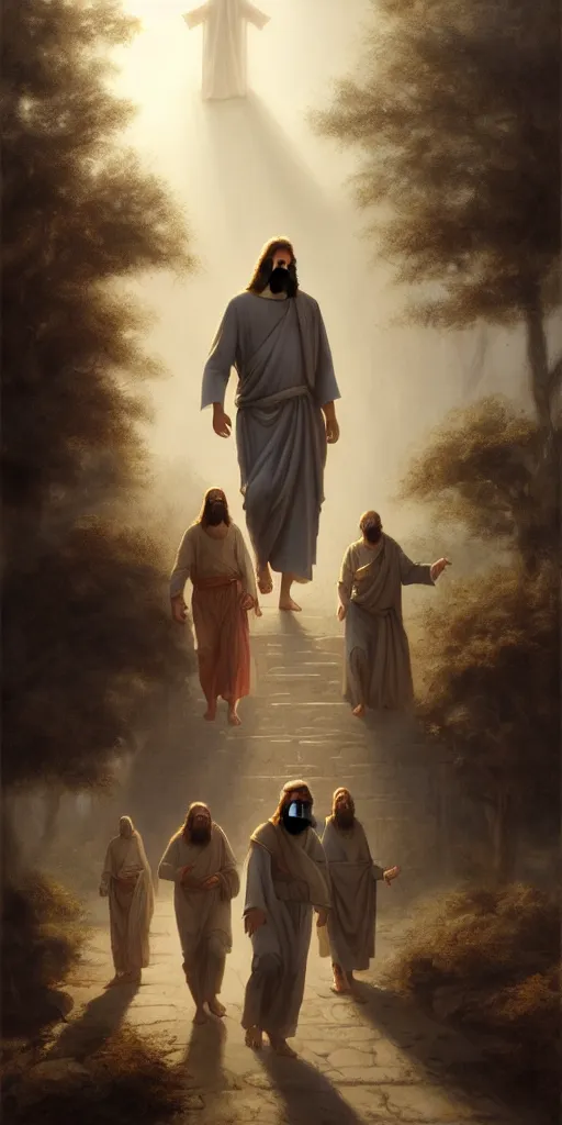 Prompt: jesus christ and the disciples walking, 8 k, denoised, by greg rutkowski, tom bagshaw, james gurney cozy atmospheric and cinematic lightingg