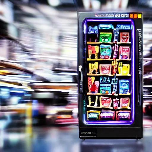 Image similar to vending machine item is a cybernetic rabbit, tilt shift, display photo, highly detailed, colorful, highly textured