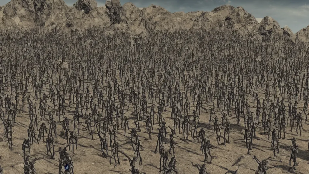 Image similar to army of skeletons In front of a mountain, cinematic,