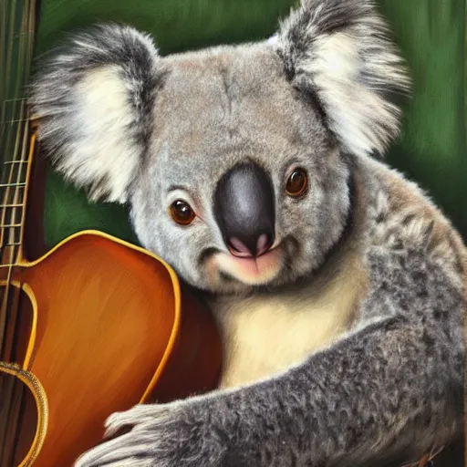 Prompt: portrait Koala playing a guitar, fine details. realistic shaded lighting by Ilya Kuvshinov Giuseppe Dangelico Pino and Michael Garmash and Rob Rey, IAMAG premiere, aaaa achievement collection, eyes open in wonder