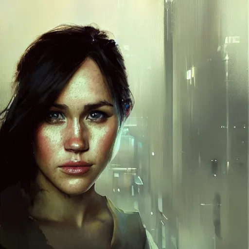 Image similar to megan markle, hyperrealistic portrait, bladerunner street, art of elysium by jeremy mann and alphonse mucha, fantasy art, photo realistic, dynamic lighting, artstation, poster, volumetric lighting, very detailed face, 4 k, award winning