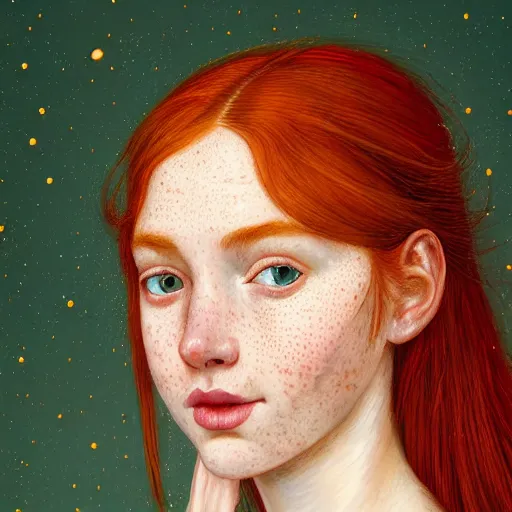 Image similar to portrait of a red haired girl, long hair, green eyes, hint of freckles, beautiful round face, soft amazed smiles, among golden fireflies, highly detailed, deep focus, elegant, digital painting, smooth, sharp focus, golden ratio, illustration, ultra realistic, 8 k, art by artemisia lomi gentileschi