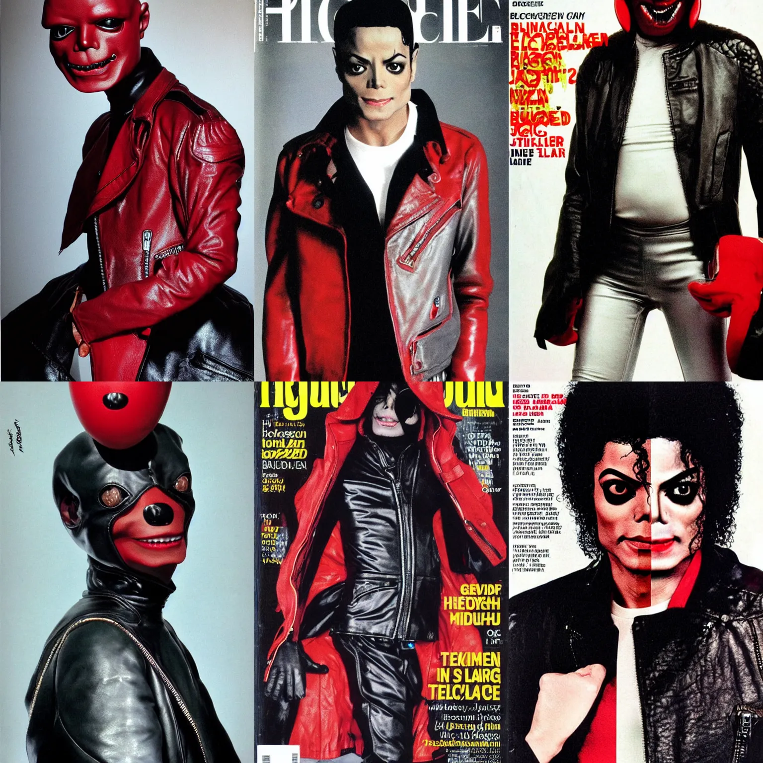 Prompt: bald michael jackson, with grey skin, huge bulbous pitch black eyes, sectoid, alien head, wearing the red leather motorcycle jacket from thriller, high fashion magazine cover.