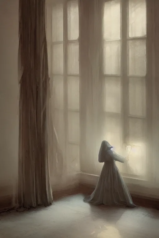 Image similar to Ghost in the bedroom, illustrated by Greg Rutkowski and Caspar David Friedrich., Trending on artstation, artstationHD, artstationHQ, 4k, 8k