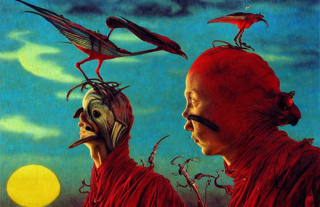 Image similar to realistic detailed portrait movie shot of a birdman wearing dark ragged robes, sci fi city sunset landscape background by denis villeneuve, amano, yves tanguy, alphonse mucha, ernst haeckel, max ernst, roger dean, masterpiece, rich moody colours, bird head, blue eyes