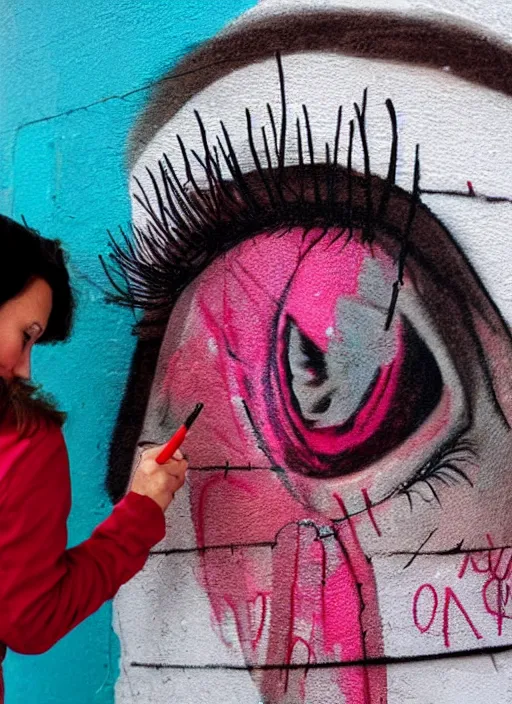 Image similar to a woman's graffiti on a white wall with a red felt - tip pen. women's eyes are made of insect's compound eyes.