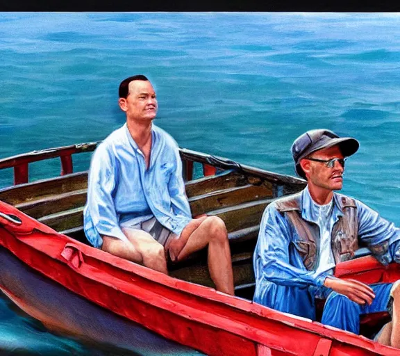 Image similar to Tom hanks as forrest gump sitting in a giant shrimp boat, majestic beautiful world, realism painting, amazing detail