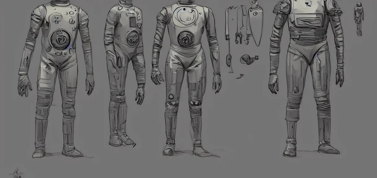 Image similar to male, full body, space suit with a modern helmet, large shoulders, short torso, long thin legs, tiny feet, character sheet, science fiction, very stylized character design, digital painting, by mike mignola, by alex maleev, jean giraud