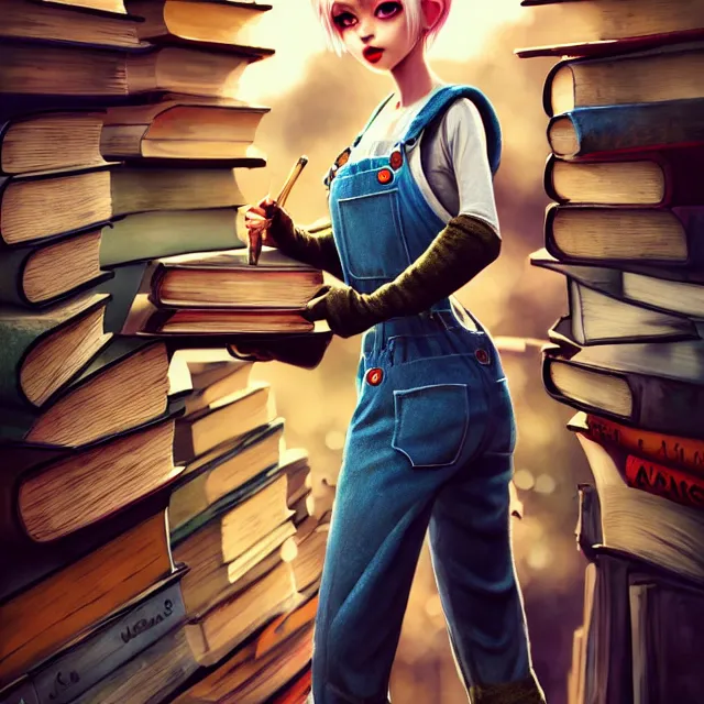 Image similar to full body pose, beautiful adult fairy, pixar, short white hair shaved sides, dirty, grungy, grunge, long sleeve, painted overalls, stacks of giant books, highly detailed, 4 k, hdr, smooth, sharp focus, high resolution, award - winning photo, artgerm, photorealistic