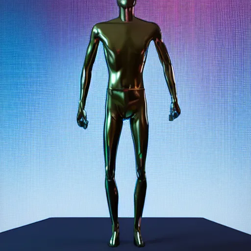 Prompt: a holographic athletic metal manequin, intricate unreal engine 5 creation