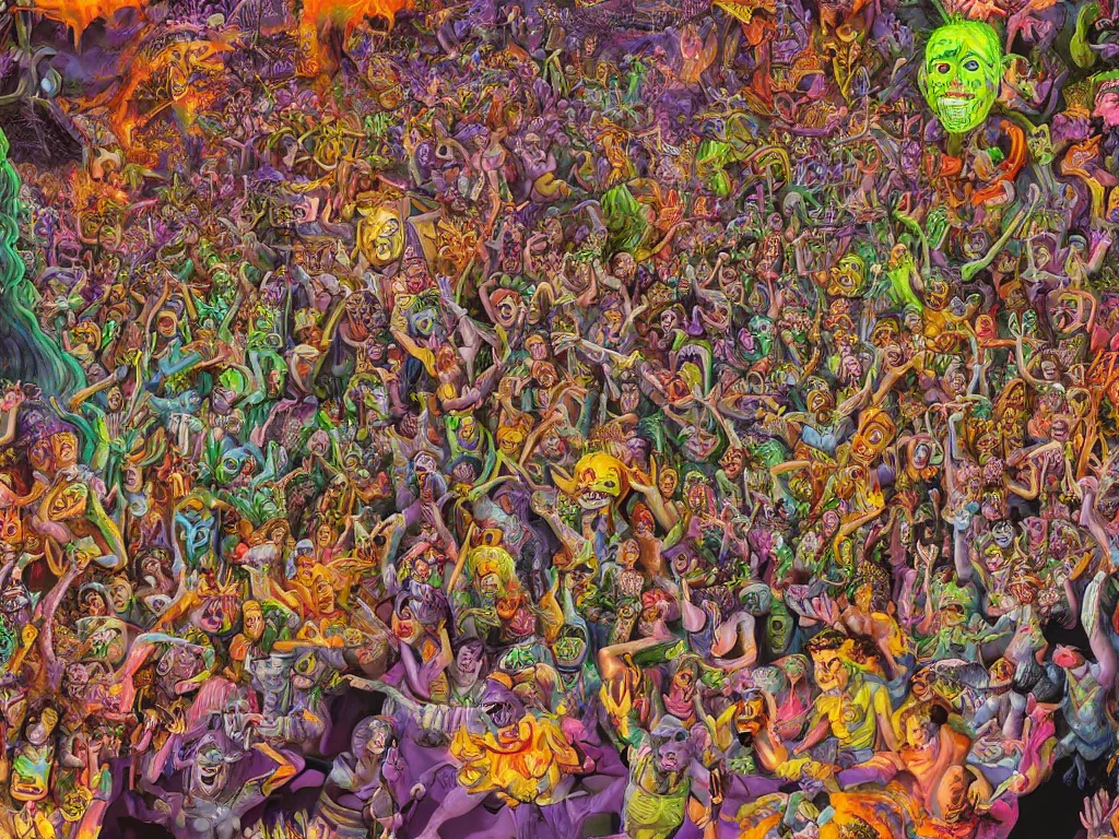 Image similar to digital painting rave party in hell by Chor Boogie, intricate details, ultra detailed, 4K, award-winning, touch of M. C. Escher and Salvador Dali