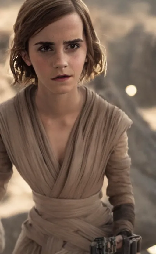 Image similar to a still of Emma Watson on Star Wars, maximum detail, ultra definition, 8K resolution