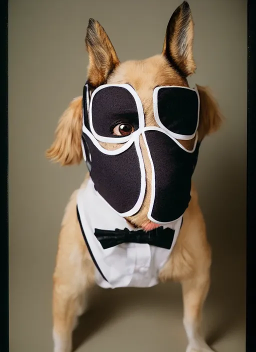 Image similar to a fashion portrait photograph of a dog in a suit wearing mask designed by jean paul gaultier, 3 5 mm, color film camera, pentax