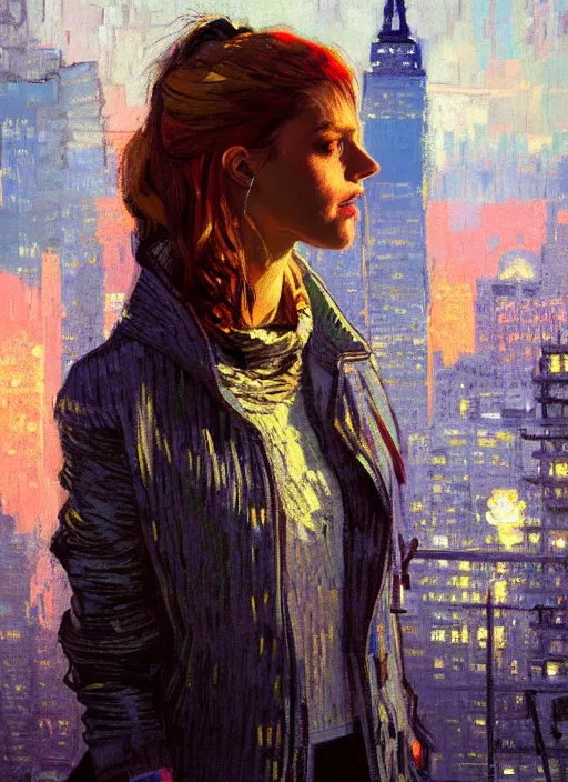 Image similar to portrait of a beautiful girl, new york backdrop, sad, sunset shades, beautiful face, rule of thirds, intricate outfit, spotlight, by greg rutkowski, by jeremy mann, by francoise nielly, by van gogh, digital painting