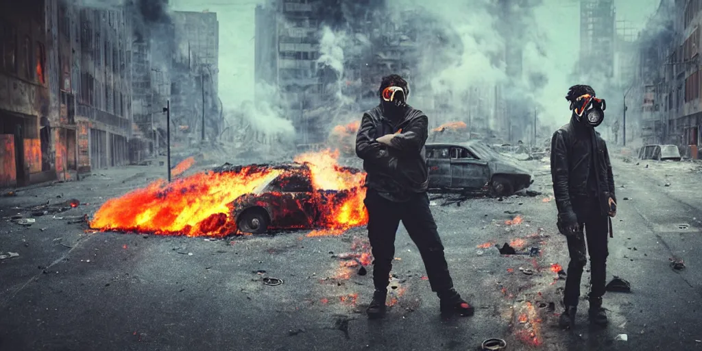 Image similar to post - apocalyptic city streets, close - up shot of an anarchist with a gasmask, burning cars, explosions, colorful smoke, hyperrealistic, gritty, damaged, dark, urban photography, photorealistic, high details