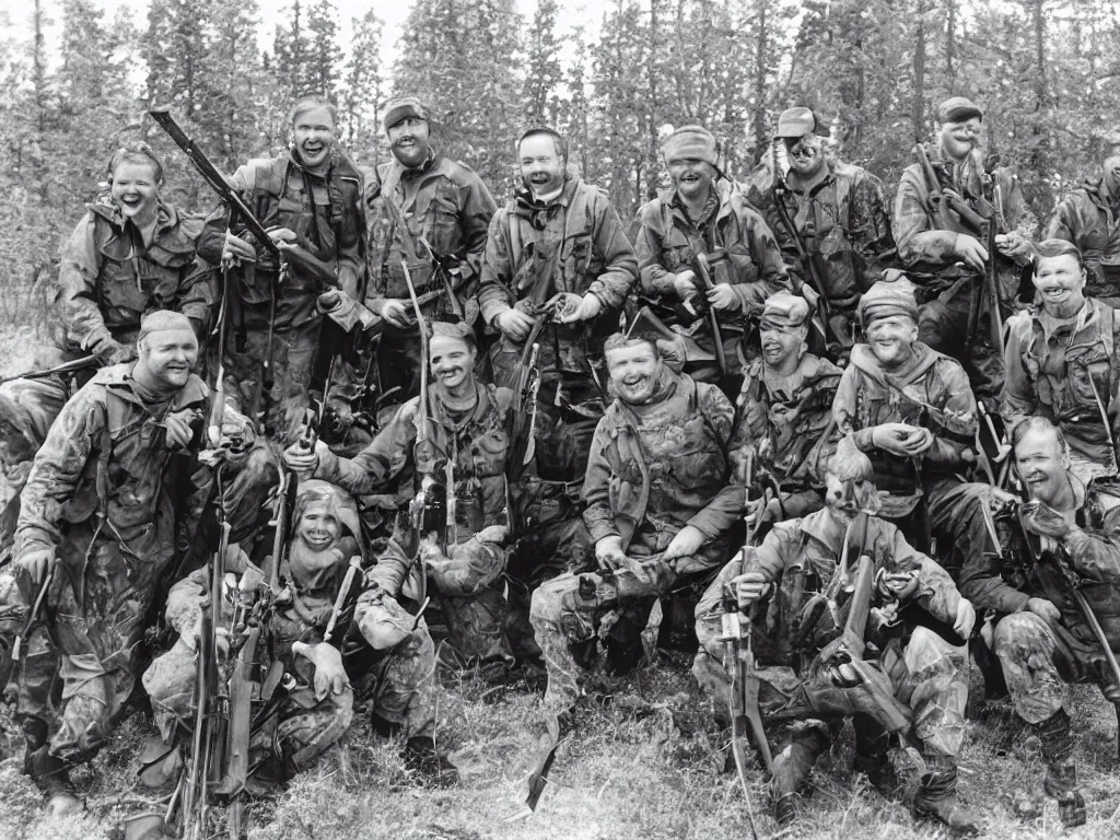 Image similar to happy group of finnish men with rifles preparing for a moose hunt and smiling to the camera, 1 9 6 6, home album pocket camera photo, detailed facial features, hyper realistic