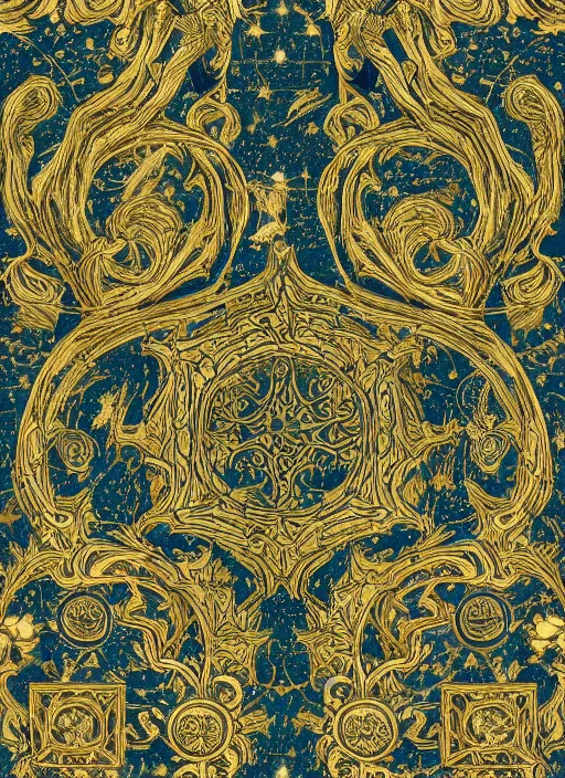 Image similar to an art painting about constellation, leo, high texture frosted background, fine pattern, rococo style, medieval style, by james jean and jung park, vertical line composition, center composition, parchment, cool, solemn, solemn, deep color, high precision, 4 k, wallpaper