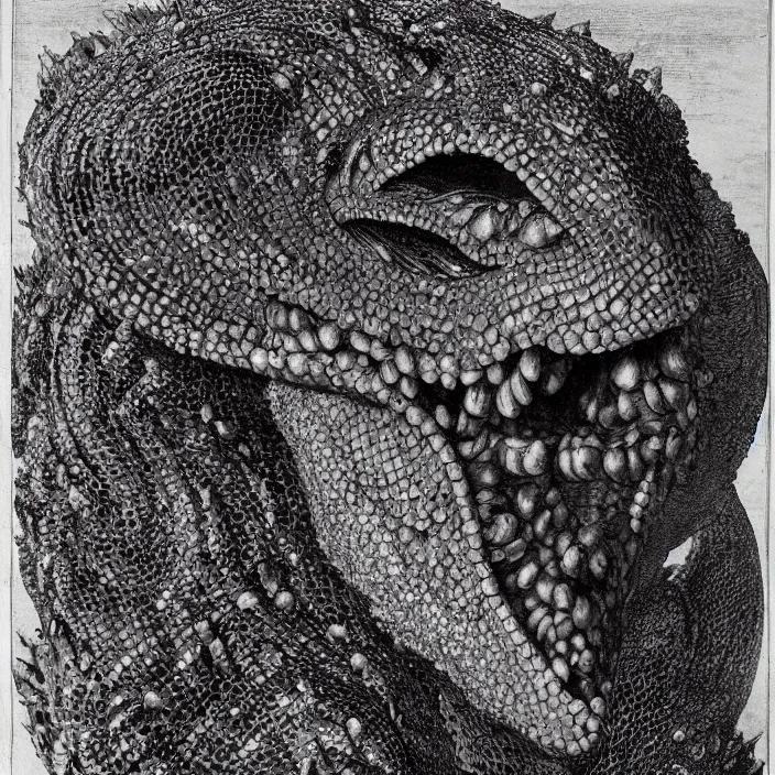 Prompt: close up portrait of an mutant monster creature with proud, reptilian allure, iridescent scales, dovish feathers, diaphanous fungic protuberances. jan van eyck, audubon