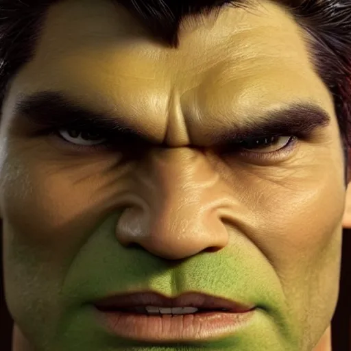 Image similar to detailed 3d render of the incredible hulks face, eric bana, lifelike textures and realistic hair, extreme close detail, high resolution, fine character detail