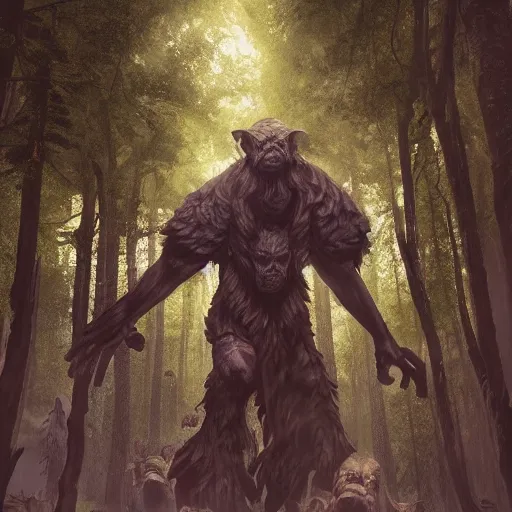 Prompt: a giant with extra heads on his shoulders, dnd in a dark forest, digital art, high quality render, artstation, 8 k, photograph quality, ultrahd, in the style of dungeons and dragons