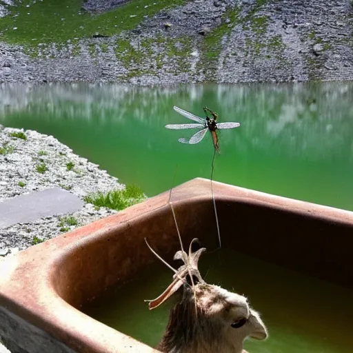 Image similar to dragonfly in a bathtub in the alps, goats!!!!!!!! goat!! sheep!!! in background