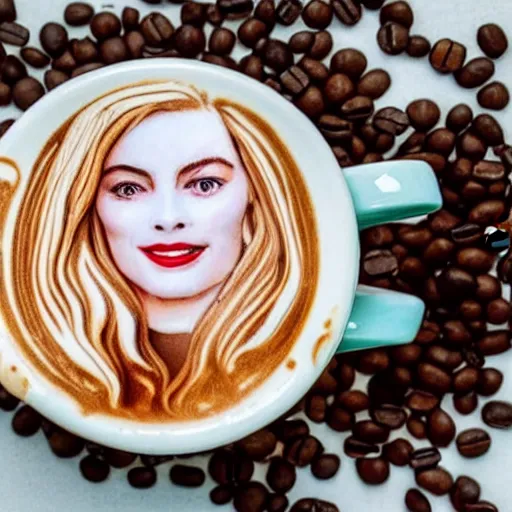 Image similar to photo of a cup of coffee with latte art in the shape of a margot robbie, highly detailed