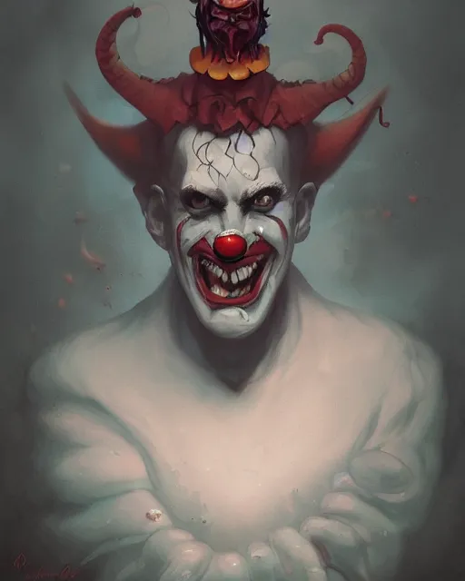 Prompt: portrait of a demonic clown by peter mohrbacher. photographic, photography. trending on artstation