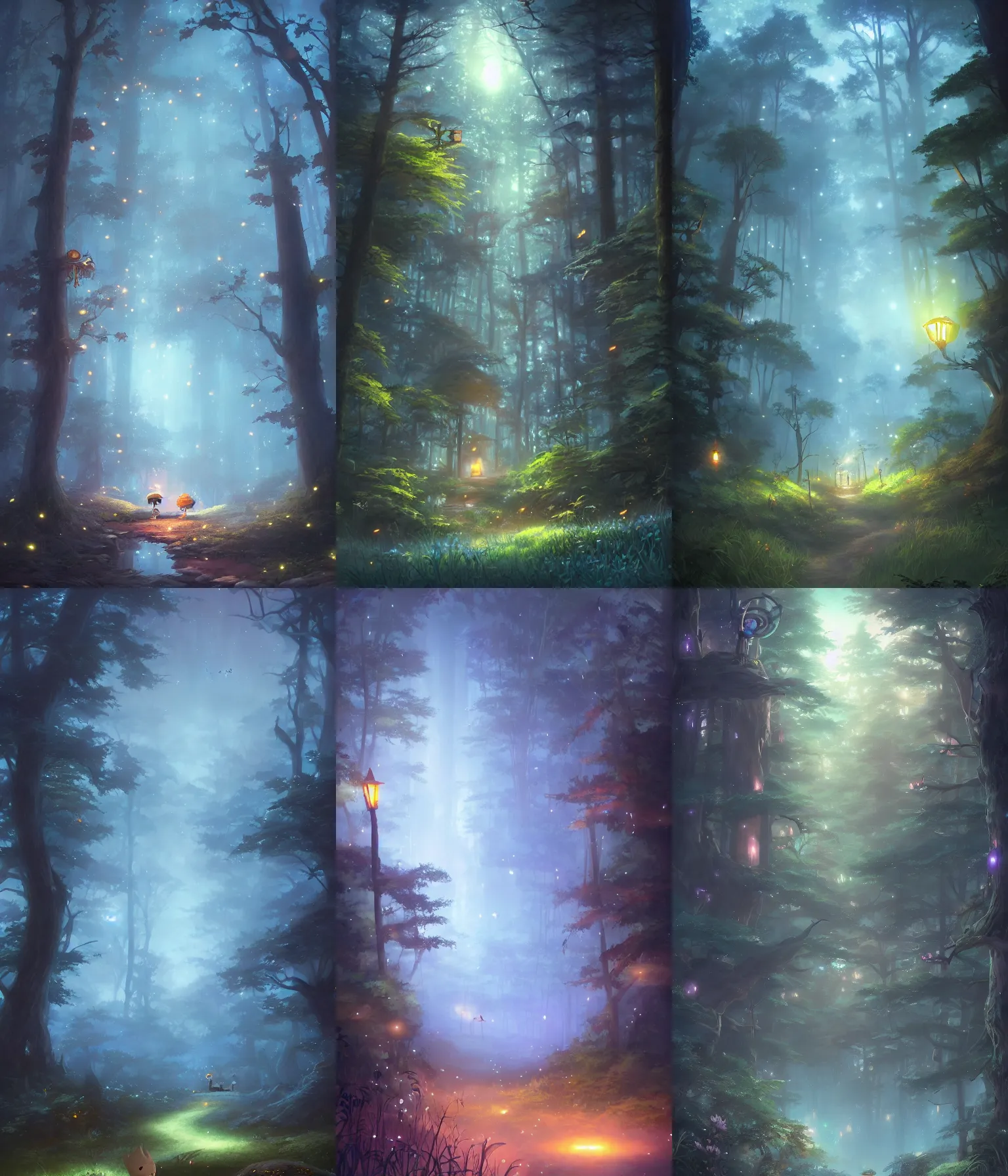 Prompt: magical forest with fireflies, fog, magical, night, soft lighting, dark, blue, by tyler edlin and studio ghibli, artstation