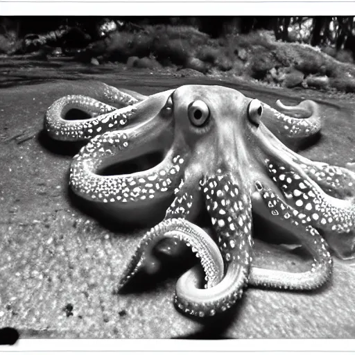 Prompt: octopus trailcam footage, grainy black and white, low quality, security camera