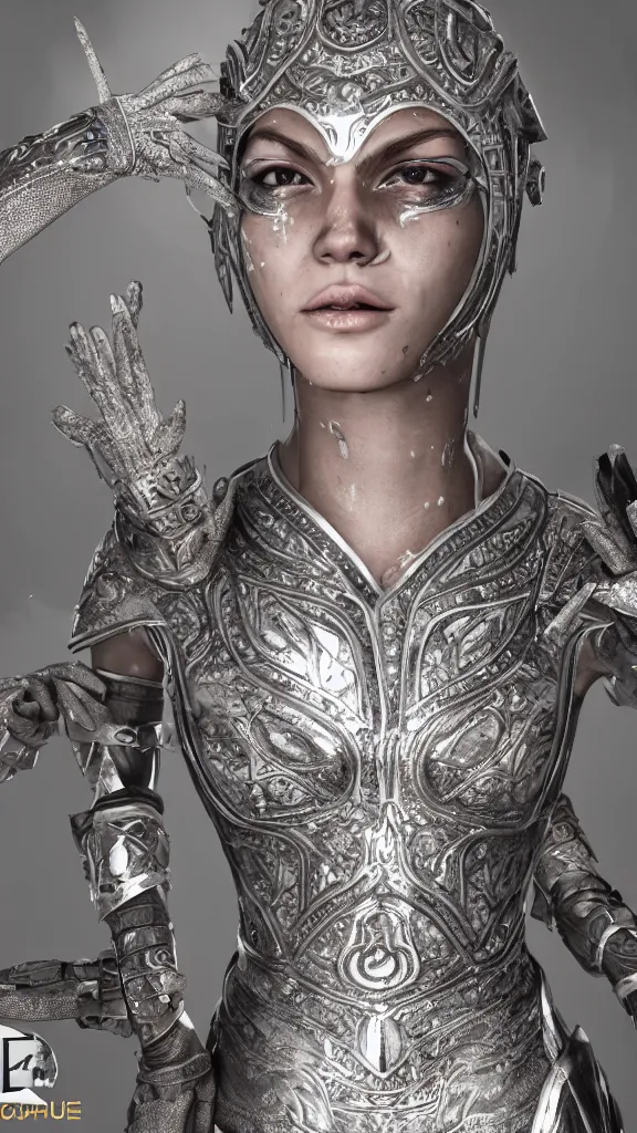 Image similar to exotic female athletic warrior wearing silver ornate detailed armour, transparent plastic clothing, dirt and sweat on body, elegant face, smudged running makeup, haute couture, regal, straps belts and harnesses, urban style, unreal engine, bloom, cinematic camera,