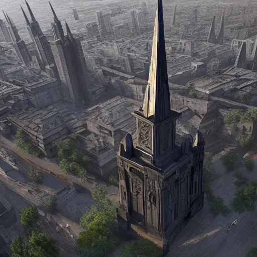 Image similar to an ultra detailed matte painting of the one impossibly tall ominous black spire in the palace district on an island in a river elevated high above the city fortress tower, fantasy capital city, ultrawide lense, aerial photography, volumetric lighting, exquisite detail, octane render, 8 k postprocessing, art by artgerm and greg rutkowski and alphonse mucha