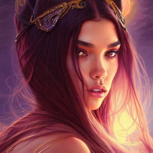 Prompt: madison beer as a fantasy magic woman portrait, sci - fi, amber eyes, face, long hair, fantasy, intricate, elegant, highly detailed, digital painting, artstation, concept art, smooth, sharp focus, illustration, art by artgerm and greg rutkowski and alphonse mucha