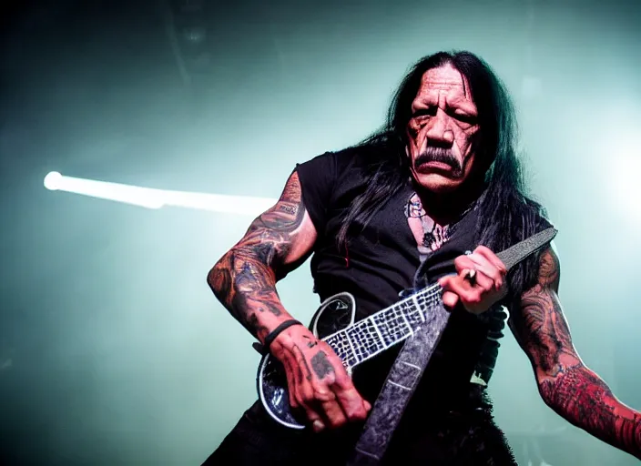 Prompt: publicity photo still of danny trejo in cradle of filth playing live on stage, 8 k, live concert lighting, mid shot