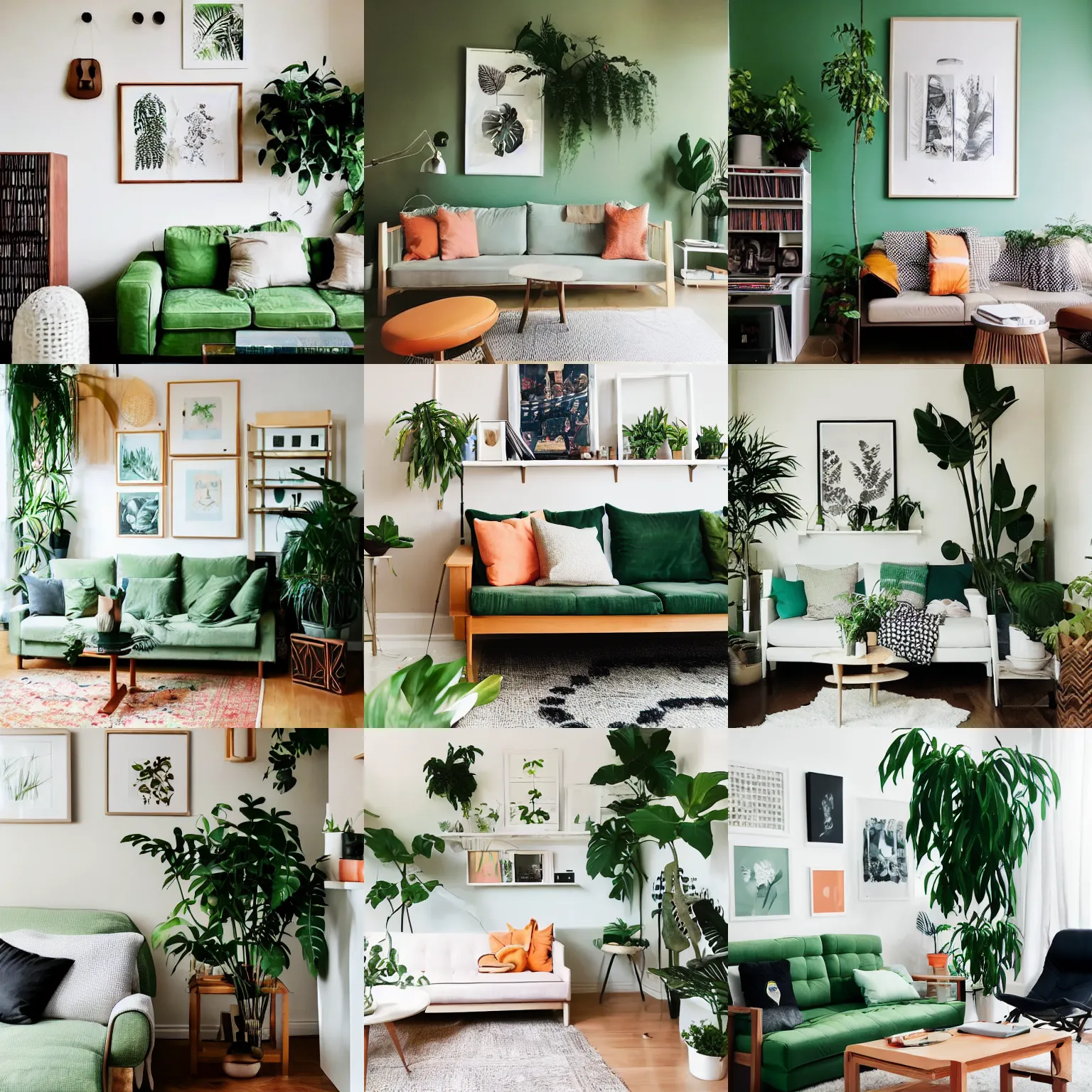 Prompt: living room interior design, japandi, ikea, sunny, warm wood, urban jungle plants, art wall, music instruments, music records, pale green and hints of light pale pastel orange