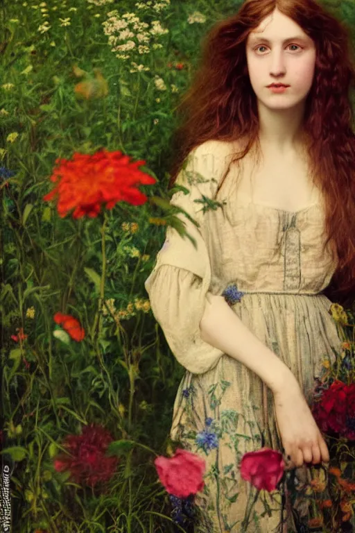 Prompt: pre-raphaelite cute girl with dark rainbow and flowers in the background, blurred detail, photo by Annie Leibovitz