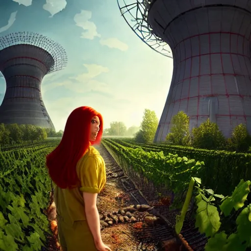 Prompt: red hair girl, chernobyl powerplant!!!, rubble, flowers, vines, hyperrealistic, highly detailed, cinematic, single ray of golden sunlight, beautiful, cgssociety, artstation, 8 k, oil painting by greg rutkowski, by artgerm, by wlop