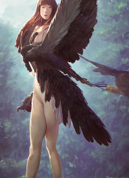 Image similar to a female anthropomorphic eagle warrior. She has two wings on her back. Forest, clearing. Full shot, wings are focus. Atmospheric lighting, By Makoto Shinkai, Stanley Artgerm Lau, WLOP, Rossdraws, James Jean, Andrei Riabovitchev, Marc Simonetti, krenz cushart, Sakimichan, D&D trending on ArtStation, digital art.