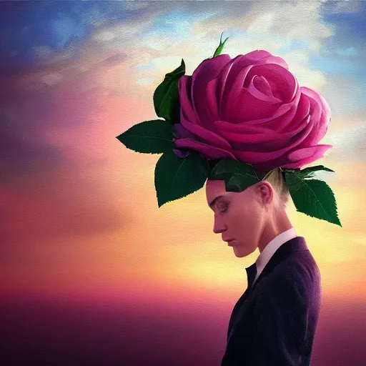 Prompt: closeup, huge rose flower on head, frontal, girl in a suit, surreal photography, sunrise, dramatic light, impressionist painting, digital painting, artstation, simon stalenhag