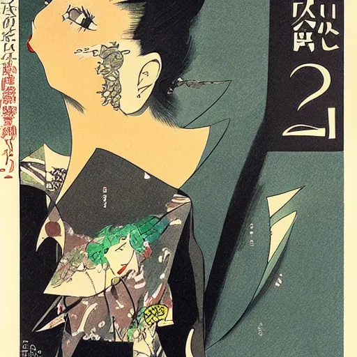 Prompt: CARTELES Magazine cover illustrated by Yoshitaka Amano. 1932. Acrylic and Watercolor on lithography paper.