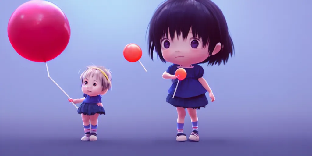 Prompt: a little girl with lollypop, holding blue balloon on a string, studio ghibli, pixar and disney animation, sharp, rendered in unreal engine 5, anime key art by greg rutkowski, bloom, dramatic lighting