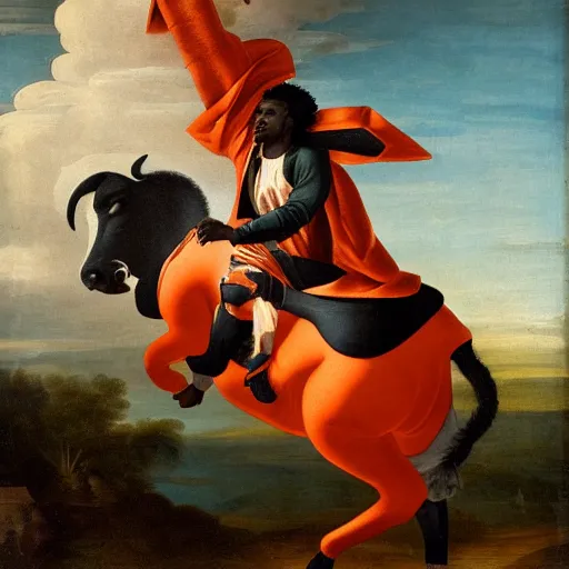 Image similar to photograph of a black man with afro hair wearing an army green adidas jacket riding an orange colored bull!!, renaissance style painting