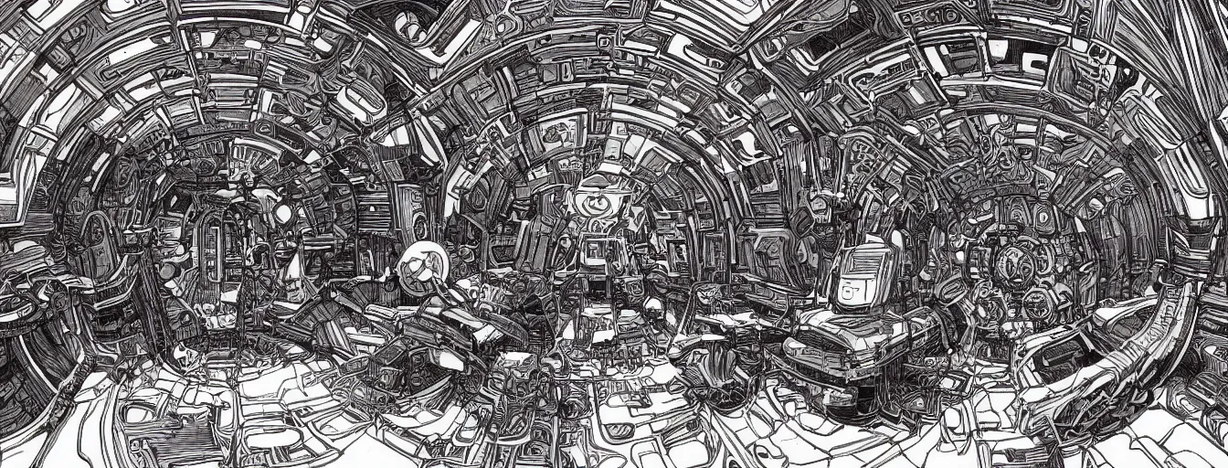 Image similar to cinematic shot of the interior of a sci - fi spaceship made with ornate biomachanical architecture and highly advanced technology, intricate linework, style of jean giraud moebius comic art