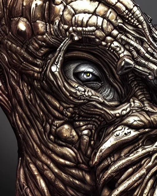 Prompt: Haunting horrifying detailed painting of a huge muscular hulking extraterrestrial metallic monster made of steel plating, hyperrealistic human eyes, hyper detailed, trending on Artstation