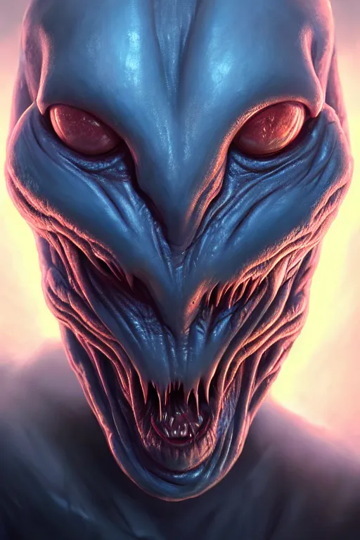 Image similar to Portrait of a Scary Alien, wide angle, super highly detailed, professional digital painting, artstation, concept art, smooth, sharp focus, no blur, no dof, extreme illustration, Unreal Engine 5, Photorealism, HD quality, 8k resolution, cinema 4d, 3D, beautiful, cinematic, art by artgerm and greg rutkowski and alphonse mucha and loish and WLOP