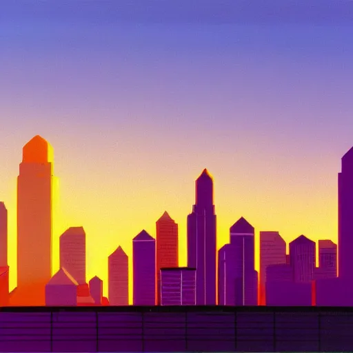 Prompt: a north american city at sunset, 1 9 9 0 s, wideshot, skyline, bright sky with orange / purple undertones, in the style of hiroshi nagai