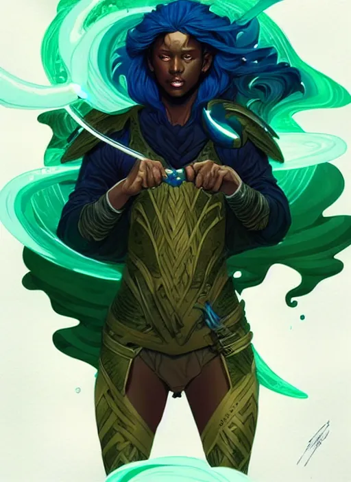 Prompt: style artgerm, joshua middleton, illustration, wesley snipes as a warrior monk wearing green pelt light armor, blue hair, swirling water cosmos, fantasy, dnd, cinematic lighting