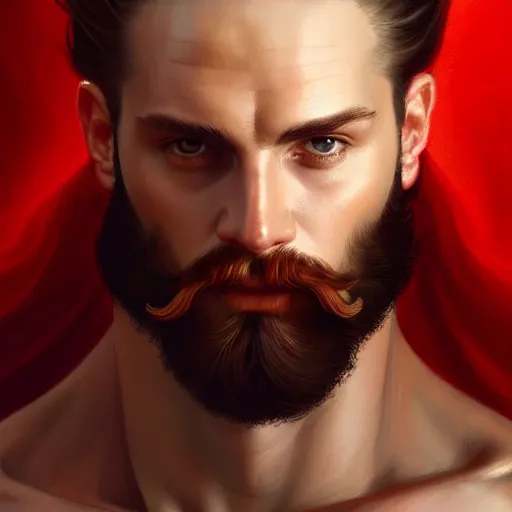 Image similar to portrait of a heavenly god, male, clear face, red and white and gold, masculine, beard, upper body, muscular, fantasy, intricate, elegant, dramatic lighting, highly detailed, digital painting, artstation, concept art, matte, sharp focus, illustration, art by artgerm and greg rutkowski and alphonse mucha