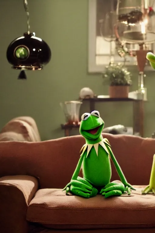 Image similar to candid photo of kermit the frog sitting on the couch hitting a bong, kermit the frog in ted ( 2 0 1 2 ) bong scene, kermit the frog, high resolution photo, trending on artstation, interior design,