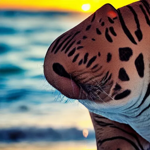 Image similar to a closeup photorealistic photograph of a cute stylish tiger hippo playing volleyball at the beach during sunset. Surf in the background. This 4K HD image is Trending on Artstation, featured on Behance, well-rendered, extra crisp, features intricate detail and the style of Unreal Engine.